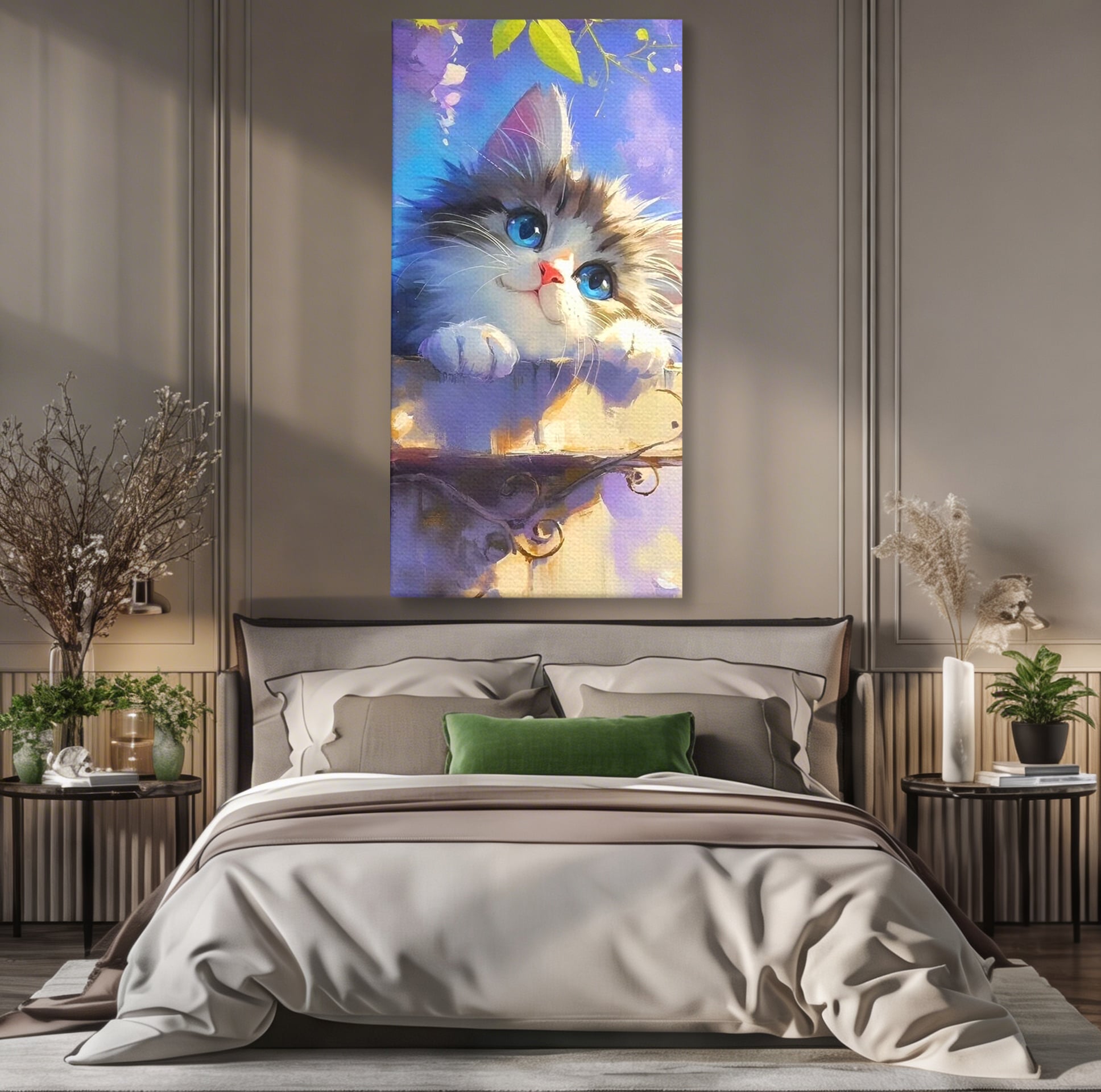 Tablou canvas cu tablou canvas cu pisica pufoasa, fara rama, pe sasiu de lemn, pe perete intr-un dormitor